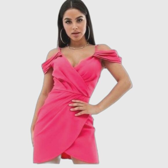 Club L London Hot Pink Off-Shoulder Wrap Dress NWT! size 4 (US) - Picture 1 of 10